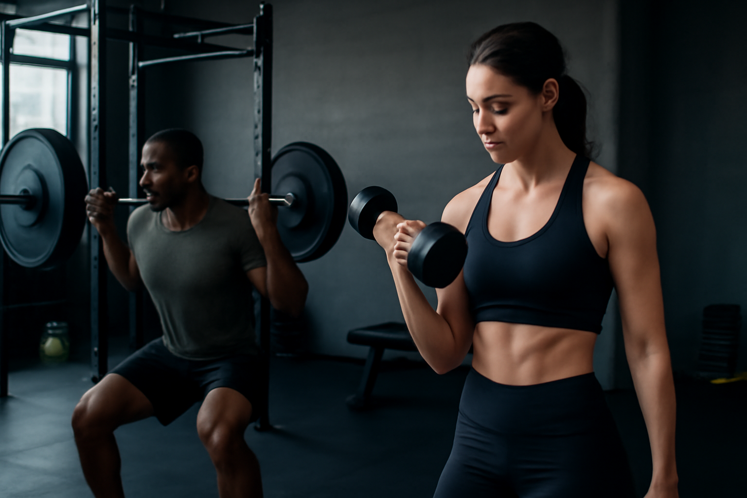 Man doing a barbell squat beside a woman curling a dumbbell in a gym
