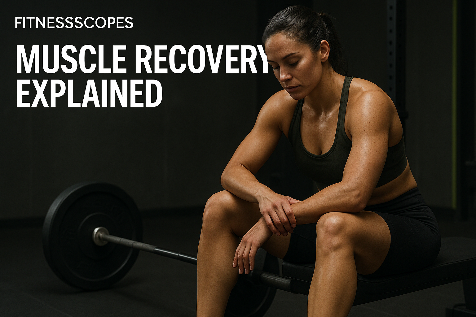 Woman resting beside a loaded barbell in a gym, with Muscle Recovery Explained text