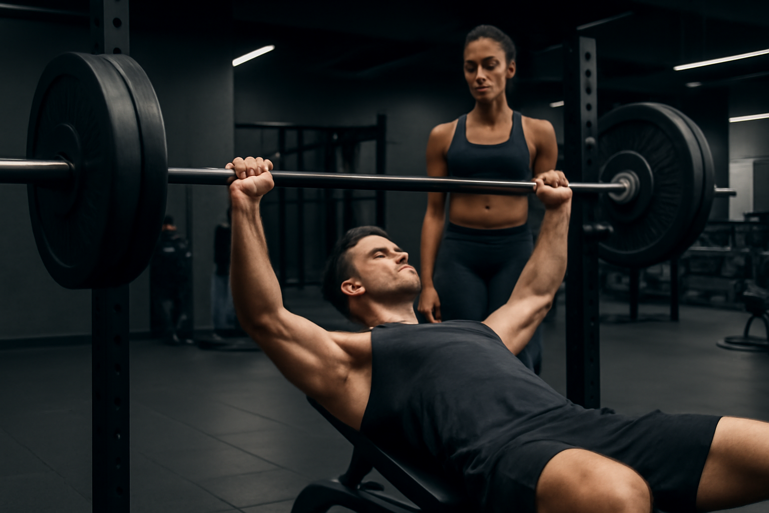Man pressing a loaded barbell on a bench with a woman standing behind him