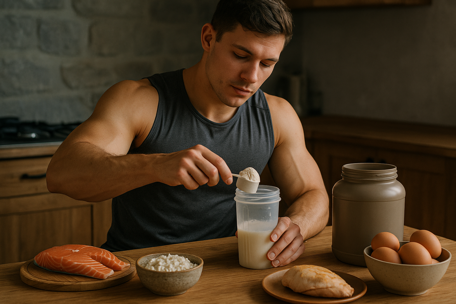 Editorial nutrition scene illustrating Protein Intake for Muscle Growth