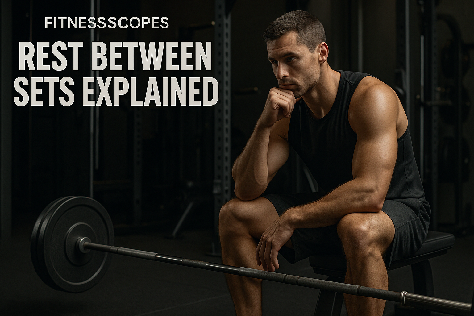Man seated beside a loaded barbell during a rest between gym sets