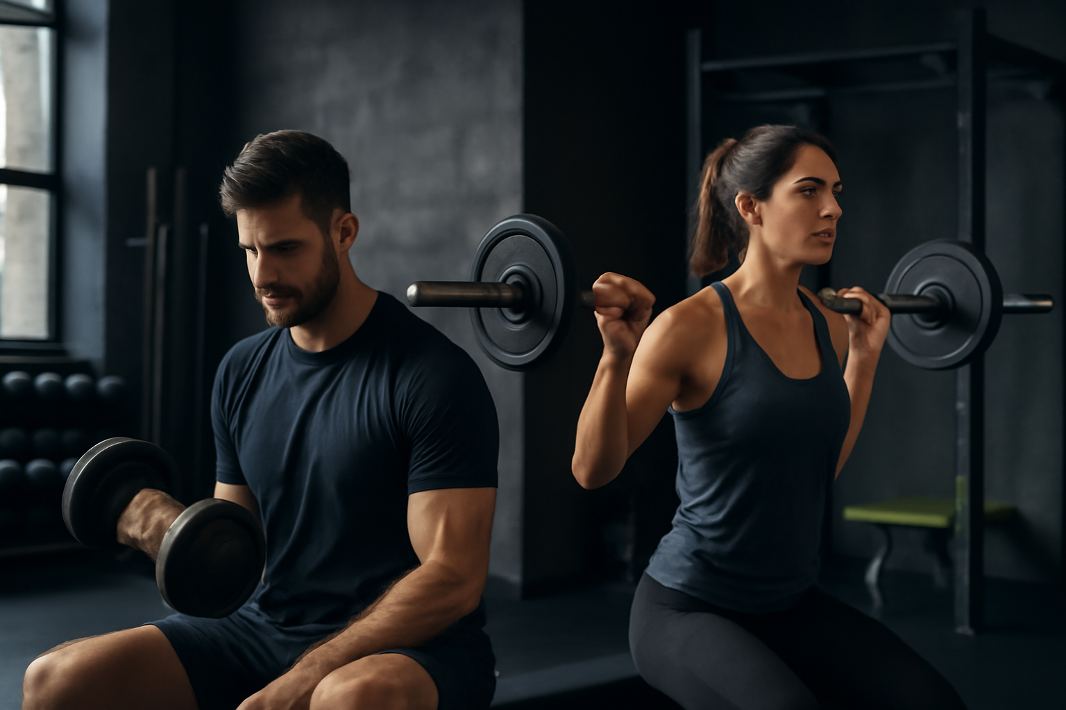 Man curling a dumbbell beside a woman holding a barbell across her shoulders