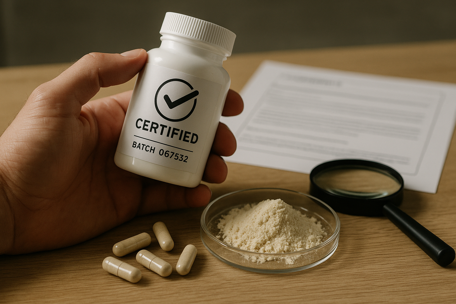 Unbranded supplement editorial image illustrating Third-Party Supplement Testing