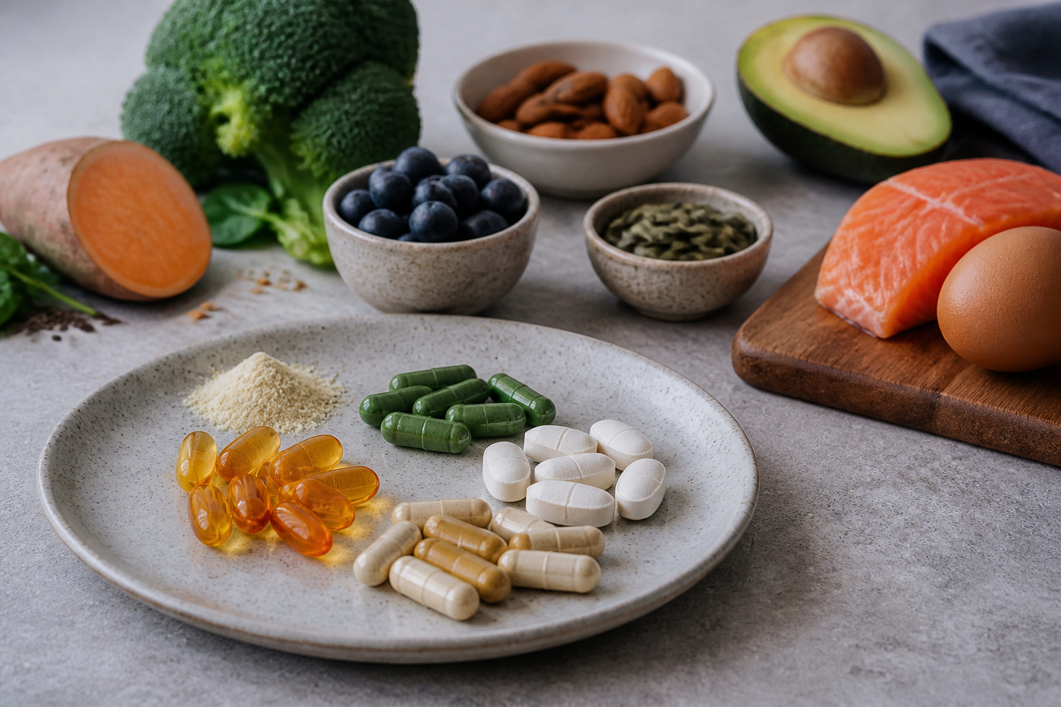 Unbranded supplement editorial image illustrating Vitamins and Minerals for Active Adults