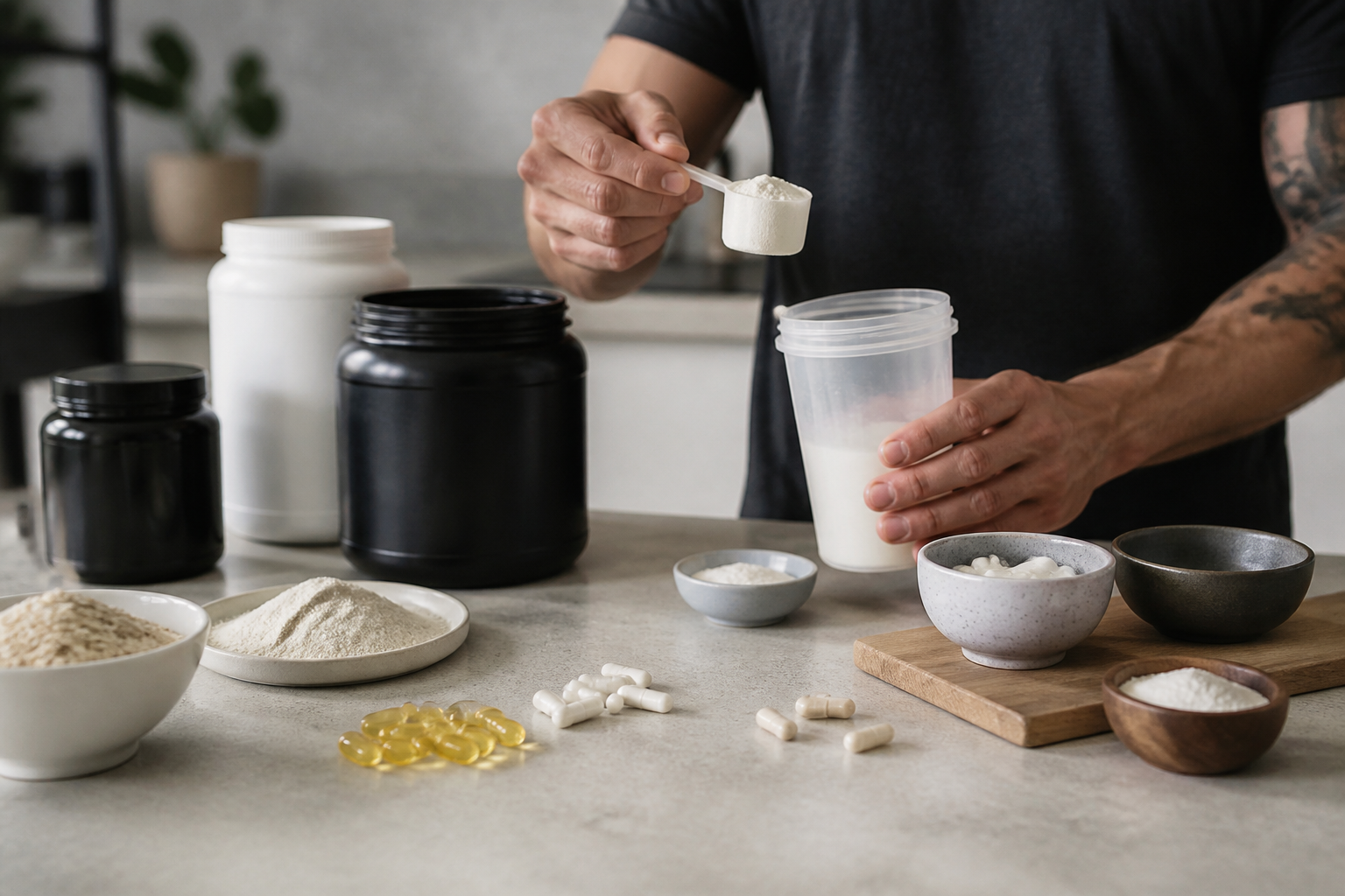 Unbranded supplement editorial image illustrating Workout Supplements